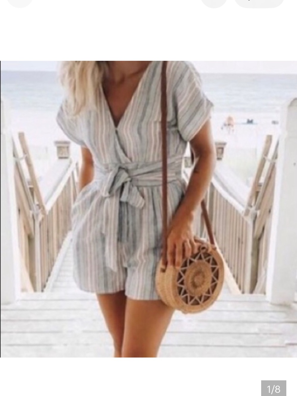 American Eagle Outfitters Striped V-Neck Tie Waist Romper Blue White